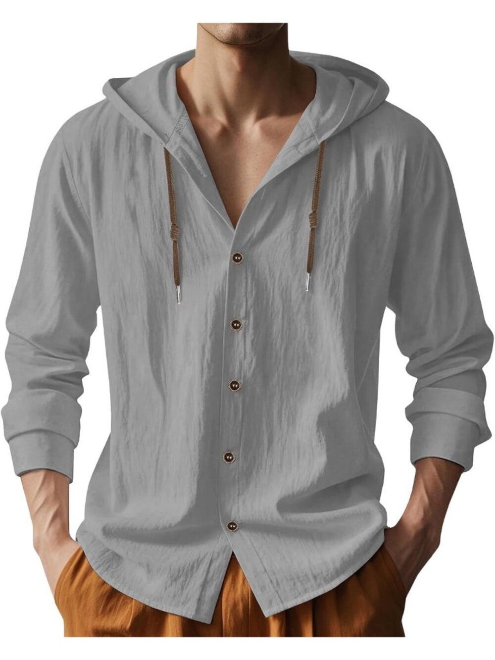 Men's Grey Cotton Linen Long Sleeve Top Casual Lightweight Button Down Hoodie